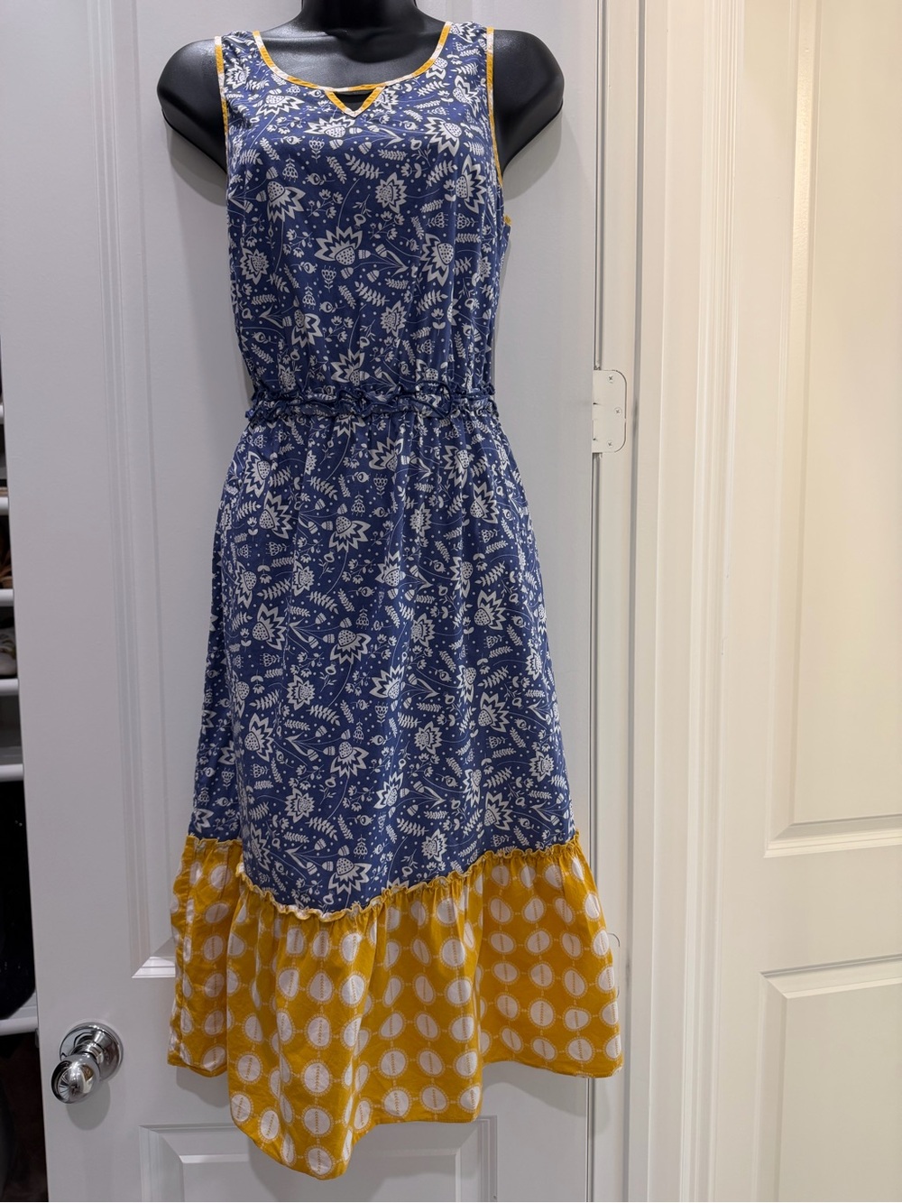 Matilda Jane XS Blue Floral Mustard Mixed Print Boho Midi Dress